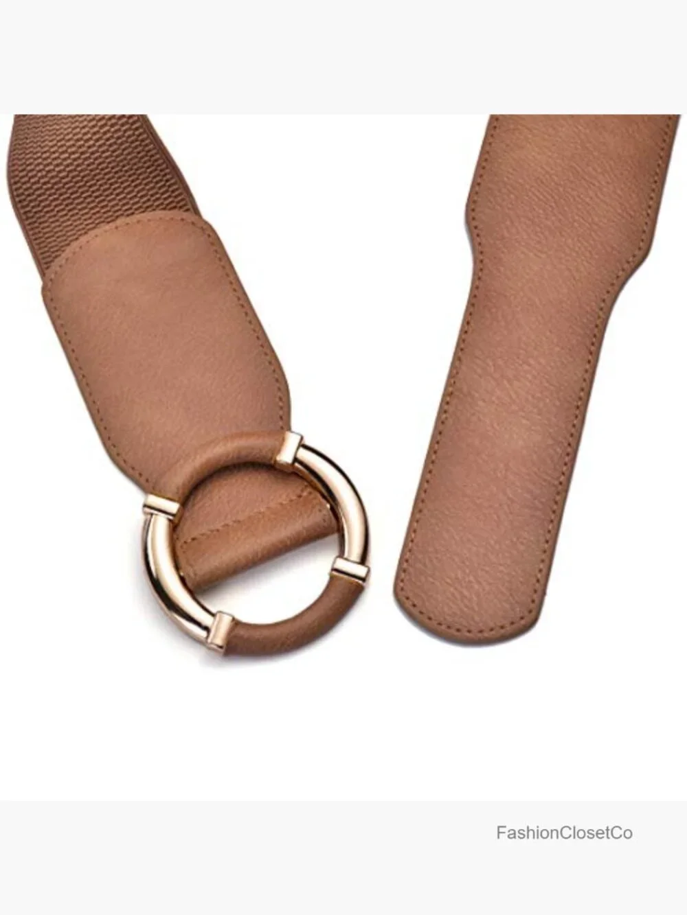 Stretchy Wide Waist PU Leather Elastic Dress Belt with Gold Buckle